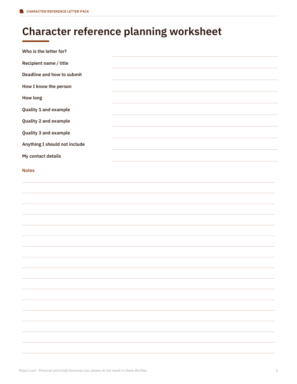 Preview of Character Reference Planning Worksheet
